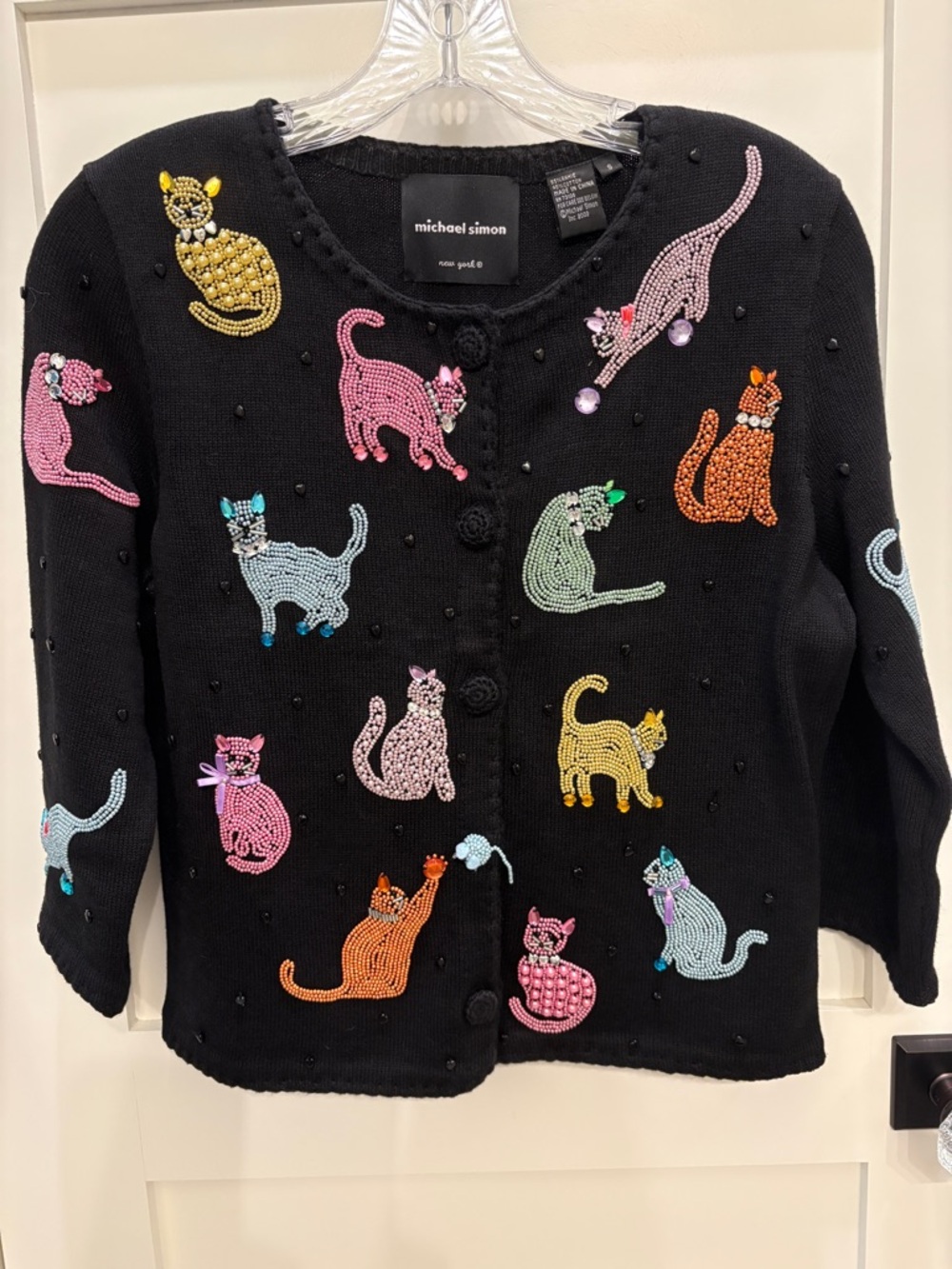 Michael Simon Black Cardigan with Multicolored Beaded Cats
